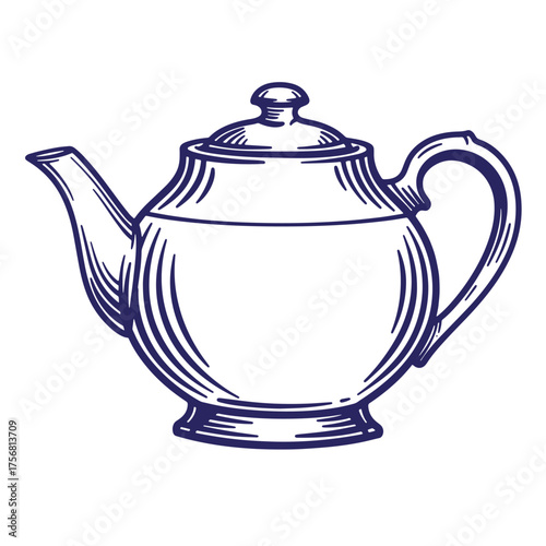 Hand drawn vintage blue ink illustration of a classic porcelain teapot on white background