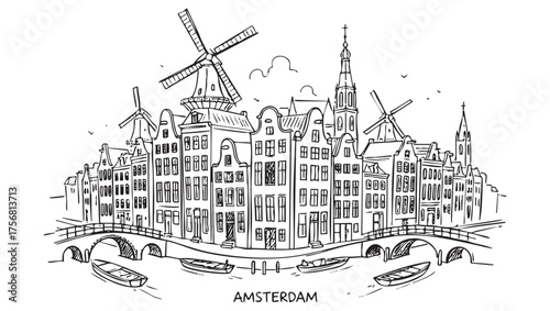 Hand-Drawn Sketch of Amsterdam Canals with Windmills, Bridges, and Traditional Houses Outline Vector