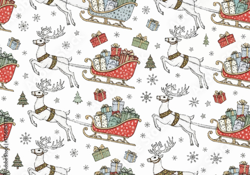 Christmas Reindeer Sleighs with Gifts and Snowflakes Seamless Pattern.