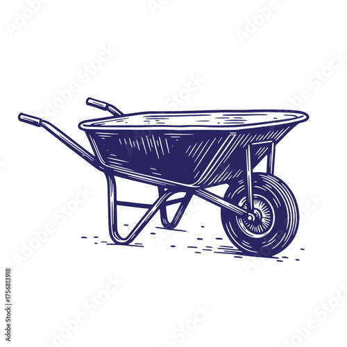 Hand drawn vintage style illustration of a wheelbarrow construction and gardening element