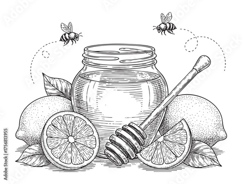 Vintage Engraved Honey Jar, Honeycomb Dipper, Lemons, and Bees Illustration - Natural Product