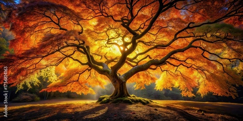 Golden Canopy A Majestic Autumn Tree Basking in the Warm Glow of Sunrise