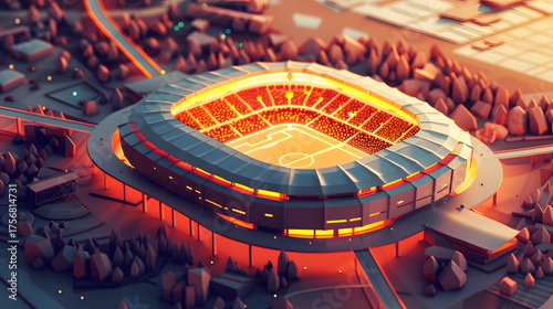 3d isometric low poly view of a football stadium at sunset