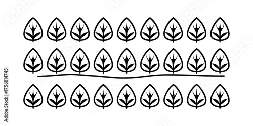 Vector illustration of twenty four stylized leaves arranged in three rows separated by a horizontal line design