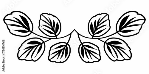 Vector symmetrical arrangement of stylized leaves with bold outlines and internal vein details in black and white