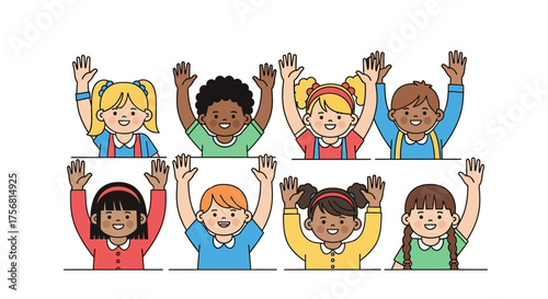 Illustrative diverse group of children waving hands cheerfully in unity and harmony