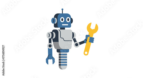 Cartoon style vector illustration of a robot holding a wrench on white background