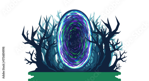 Mystical gateway enveloped by shadowy trees with an otherworldly glow and beckoning wonderment