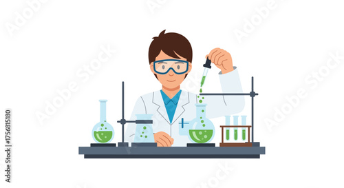 Illustration featuring a scientist performing an experiment with laboratory glassware and green
