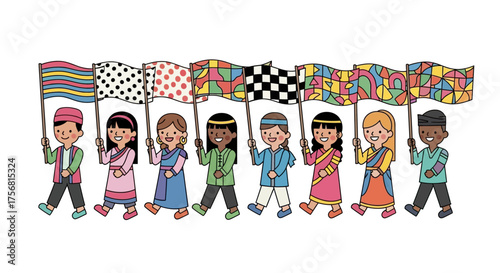 Celebration of diversity illustration featuring children marching with colorful flags representing