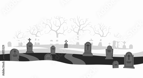 Monochromatic landscape of graveyard with tombstones and barren trees conveying a somber and