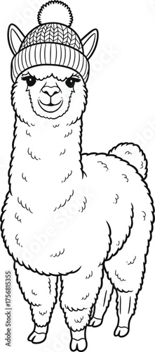 Cute alpaca wearing a knitted winter hat cartoon character drawing for coloring books