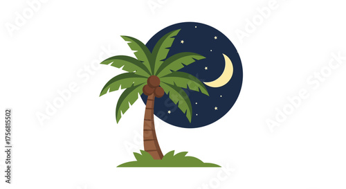 Tropical night illustration featuring a stylized palm tree under a starry moonlit sky