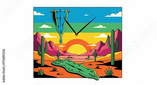 Surreal desert landscape with melting clock and vibrant colors portraying timelessness