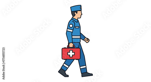Animated medic illustration carrying a first aid kit walking across the transparent background image