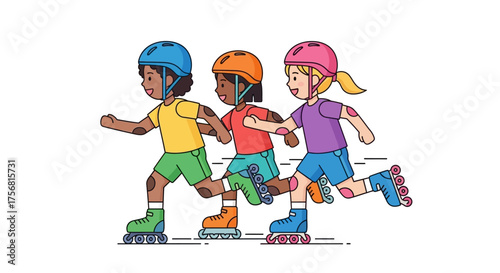 Enthusiastic kids enjoying roller skating adventure, promoting active lifestyle and outdoor fun