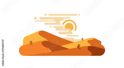 Stylized desert landscape illustration with rolling sand dunes and radiant sun design