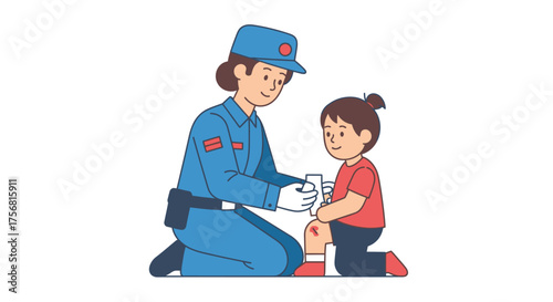 Cartoon scene depicting a police officer providing first aid to a young child with a knee injury