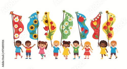 Cheerful children parade waving flower adorned flags, symbolizing joy and vibrant community spirit