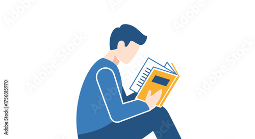 Illustration of a focused young man engrossed in reading a book on a white backdrop