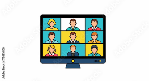 Virtual meeting display with multiple participants symbolizing remote communication and