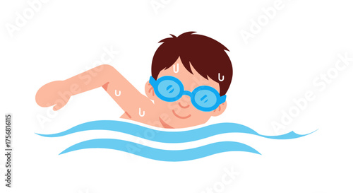 Cartoon illustration showcasing a cheerful boy with goggles swimming gracefully in the water