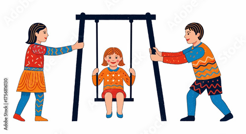 Cartoon illustration of a girl on a swing being pushed by a boy and a girl on a playground
