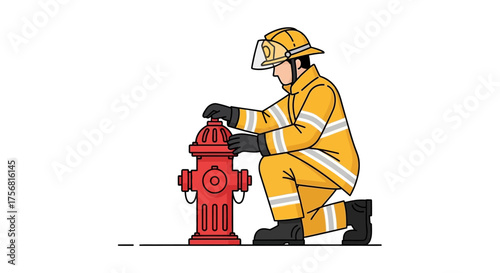 A brave firefighter in action inspecting a bright red fire hydrant on a clear background