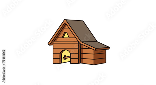 Detailed cartoon illustration of a wooden pet house with a gable roof and latch door design