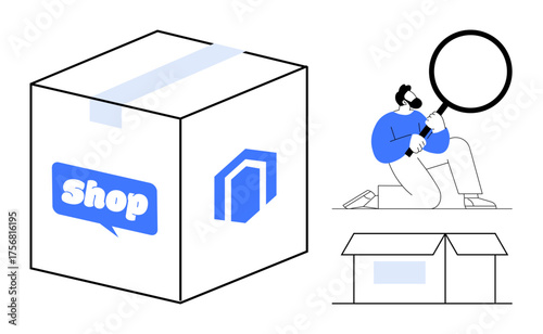 Cardboard box labeled Shop, person examining with magnifying glass, open box variant emphasizing e-commerce, logistics, delivery tracking, consumer review, shipping, market analysis. Ideal for online