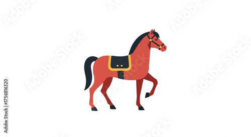 Illustration of an elegant chestnut horse prancing on a white background showcasing a traditional