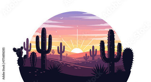 Tranquil desert landscape at sunset with silhouetted cacti and pastel skies illustration