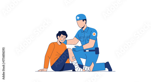 Cartoon paramedic assisting an injured man with bandaged leg, displaying compassion and support