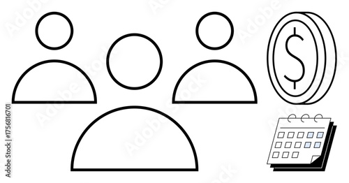 Three people icons, a calendar, and a dollar coin represent teamwork, financial planning, scheduling, and management. Ideal for business, finance, collaboration deadlines productivity group