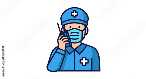 Illustration of a medic wearing a mask using walkie talkie on a white background