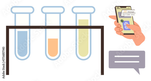 Test tubes with liquid samples on a rack and a hand using a smartphone for verification. Ideal for healthcare, lab work, diagnosis, innovation, technology, diagnostics, medical research. A simple