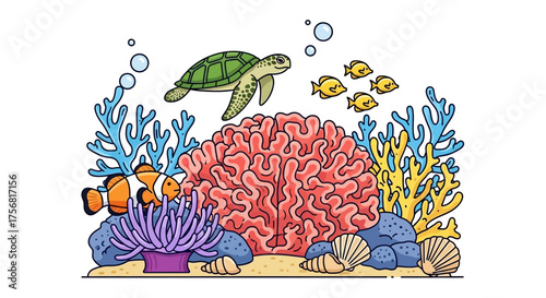 Colorful underwater seascape illustration with turtle, fish, coral reef and anemones