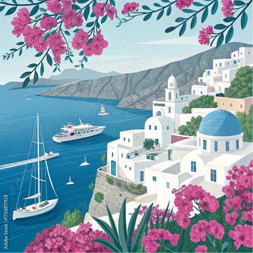 Idyllic greek island village with yachts and blooming flowers