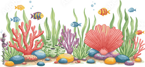 Seabed with red corals, plants, colored stones and small fishes. Cute watercolor panoramic illustration with underwater landscape for your design wallpapers, childish mural or nature.