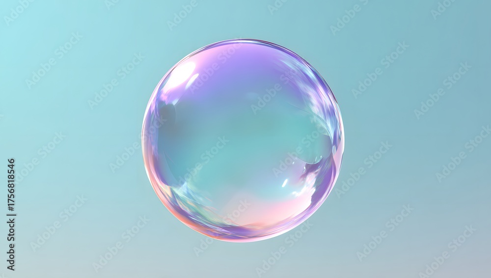 Obraz premium A single iridescent soap bubble floats in a soft pastel blue background reflecting a spectrum of vibrant colors and light