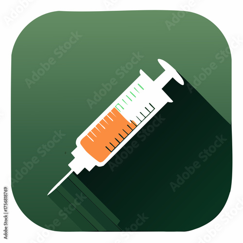 A modern flat design icon of a medical syringe filled with orange liquid on a green background.