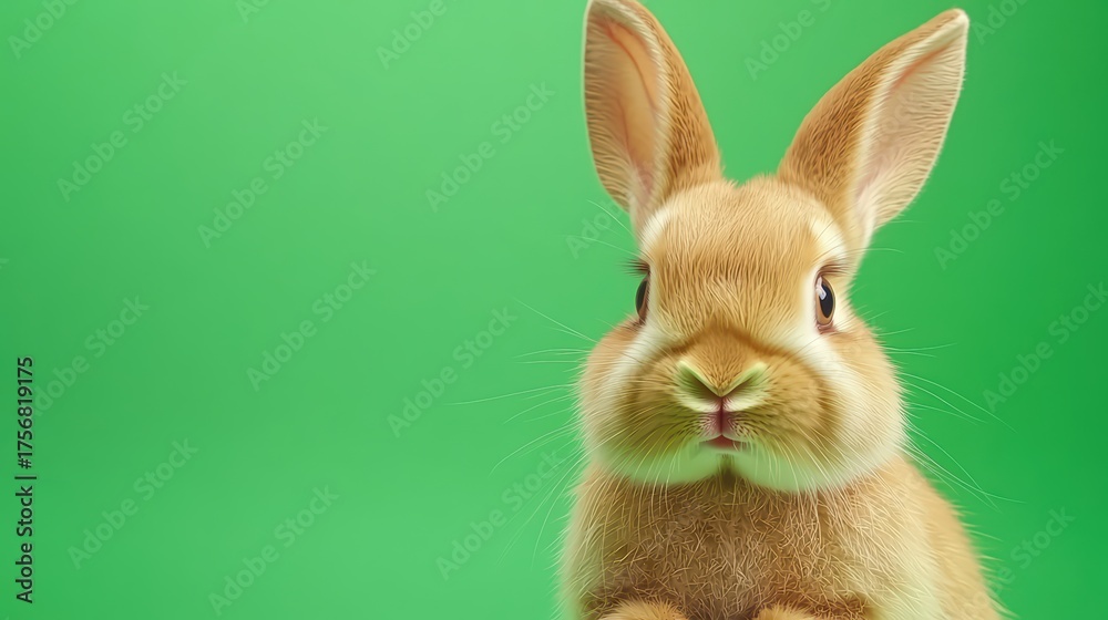 Fototapeta premium Rabbit concept. Cute fluffy rabbit with big ears and expressive eyes sitting on a vibrant green background in a studio setting