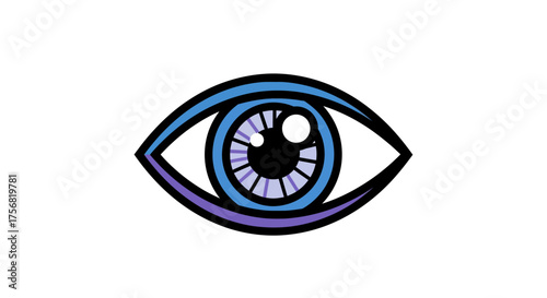 Stylized eye graphic with bold outlines in blue and purple hues against white background