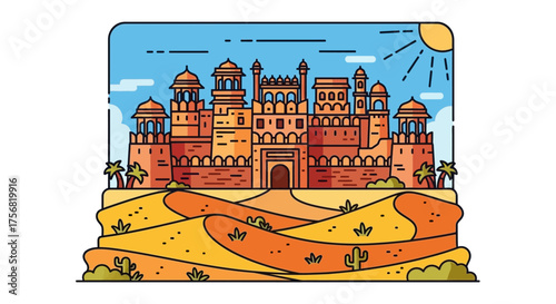 Vintage architectural cityscape amidst desert landscape and bright sky illustration