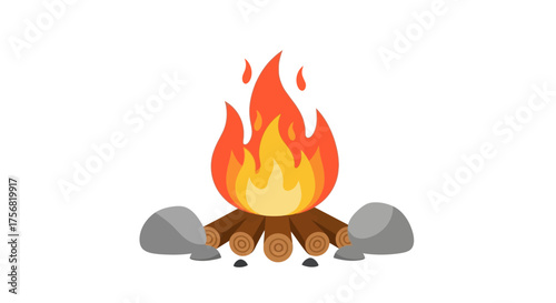 Campfire illustration with bright flames and surrounding stones, a simple design evoking warmth