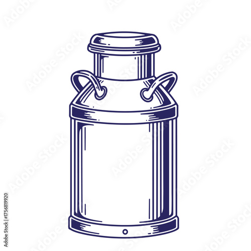 Vintage style milk can illustration in blue outlined with graphic design elements