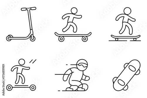 Skate icons set. set of skate outline icons such as kick scooter, skateboard, skating. one line Icon drawing with white background