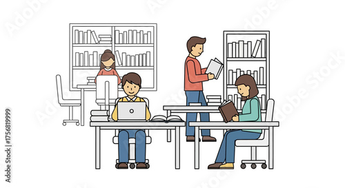 Students engaged in academic activities in a library environment for education and research