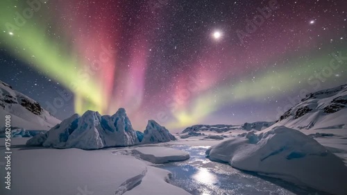 Colorful Northern Lights Aurora Borealis Over Snowy Arctic Landscape With Stars Mountains And Frozen River Night