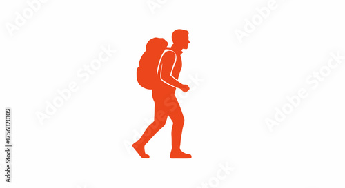 Orange silhouette of a man hiking with a backpack against a white background showcasing active